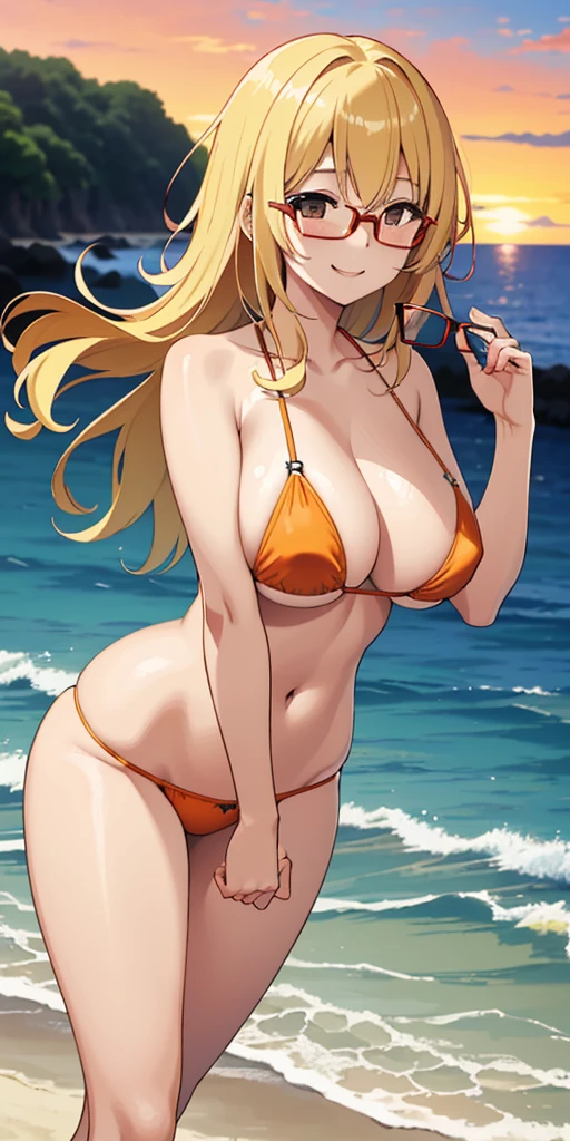 (Best quality:1.3), Akiyama Kaede, big breasts, naked ,big nipples, smiling, beach background, (sexual, Erotic), orange sky, blonde, bang,porn, (sexy adjusts glasses)