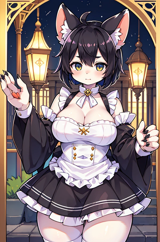 white tiger girl in french maid dress, she is a mage that uses tarot cards. She has black hair. She has black stripes on her fur. She has black tiger stripes on her body and face.