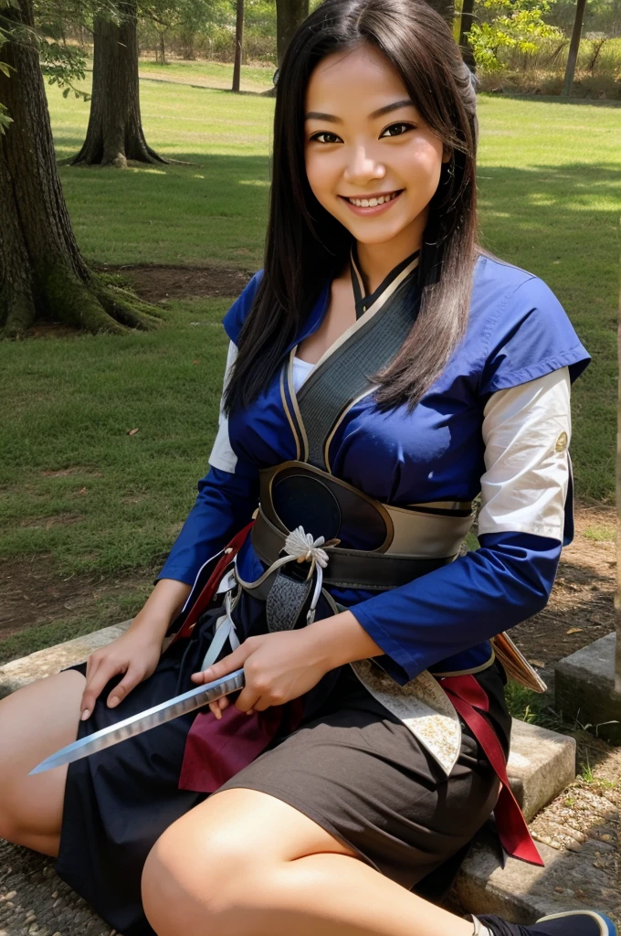 girl with katana smiling while sitting