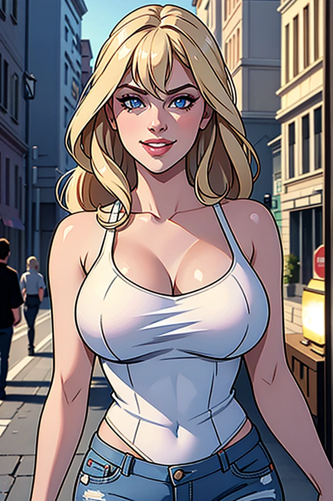 A beautiful blonde haired blue eyed woman resembling like Anna Nicole Smith, 21 years old, with an extremely humongous bust, wearing white t-shirt showing the cleavage and ripped denim mini-short, smiling, seductive and walking through the streets of Lyon, photorealistic, 8k, highly detailed, dramatic lighting, cinematic composition, elegant fashion, glamorous, intricate details, hyper realistic