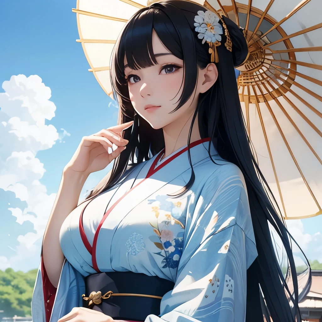 Masterpiece, top-quality, 16K UHD,
standing,
Light blue sky with a big white sun at noon, a beautiful Japanese woman, big breasts, long hair, traditional Japanese clothes, anime style.
Perfectly detailed face with delicate facial features, her long, flowing hair adorned with intricate kimono accessories, big, expressive eyes, and a flawless complexion under the bright noon sun.
Her traditional Japanese clothes, layer upon layer, are meticulously detailed with intricate patterns, showcasing her elegance and grace in the high-resolution image.
The photorealistic image captures the essence of the anime style, with a keen focus on the