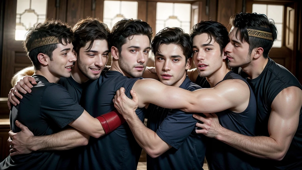 six Jewish men hugging each other