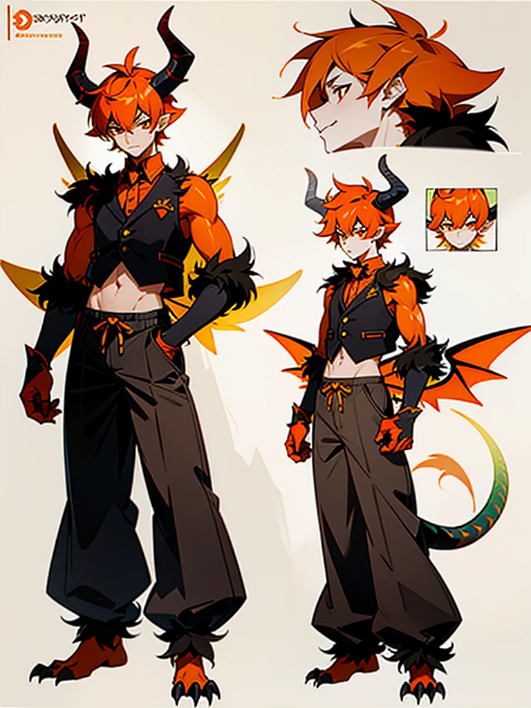 Reference sheet of a young man with orange hair, pointed furry ears, furry colorful limbs, two black horns, insectoid plates on chest and tummy, claws on hands, two dragon wings and tail in open vest and baggy pants with ornaments