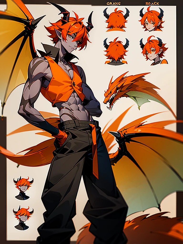 Reference sheet of a young man with orange hair, pointed furry ears, furry colorful limbs, two black horns, insectoid plates on chest and tummy, claws on hands, two dragon wings and tail in open vest and baggy pants with ornaments