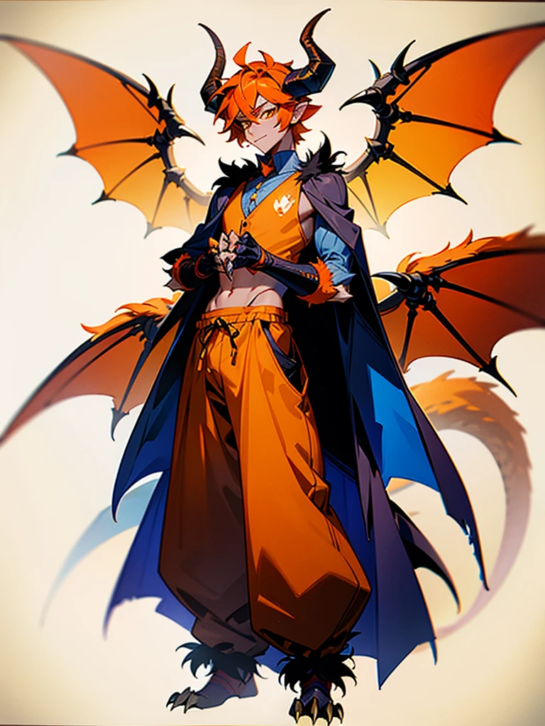 Reference sheet of a young man with orange hair, pointed furry ears, furry colorful limbs, two black horns, insectoid plates on chest and tummy, claws on hands, two dragon wings and tail in open vest and baggy pants with ornaments