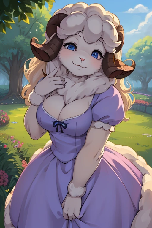 hairy sheep mom , (realistic hairy sheep fur:1.5) , round face , (tilt face:1.2) , (half-open eyes:1.5) , moist round sheep's eyes , Swollen cheeks , Seduction smile , glossy lips , Curly hair , princess dress , Alice in Wonderland , twilight , Adorable gestures , dynamic angle , nag factor , Gently guide , labyrinth , can not stand it any longer