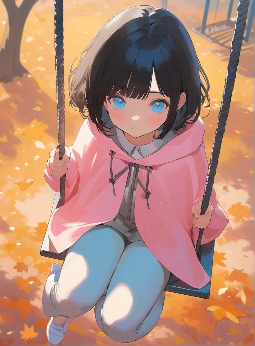 pastel color, from above, upper body, depth of field, masterpiece, best quality, best quality, 1girl sitting on a swing, , black hair, blue eyes, autumn, park, pink poncho