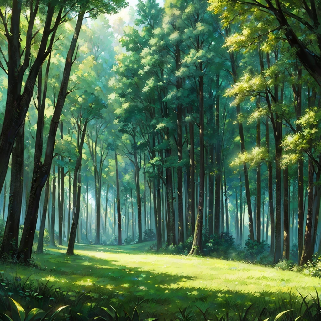 painting of a forest scene with a sunbeam and trees, background art, anime background art, forest drawing elegant, painting of a forest, forest clearing, verdant forest, forest clearing landscape, lush environment, forest environment, forest outside, environment art, environment painting, sunny environment, peaceful environment, anime lush john 8k woods, sunlight study, wooded environment