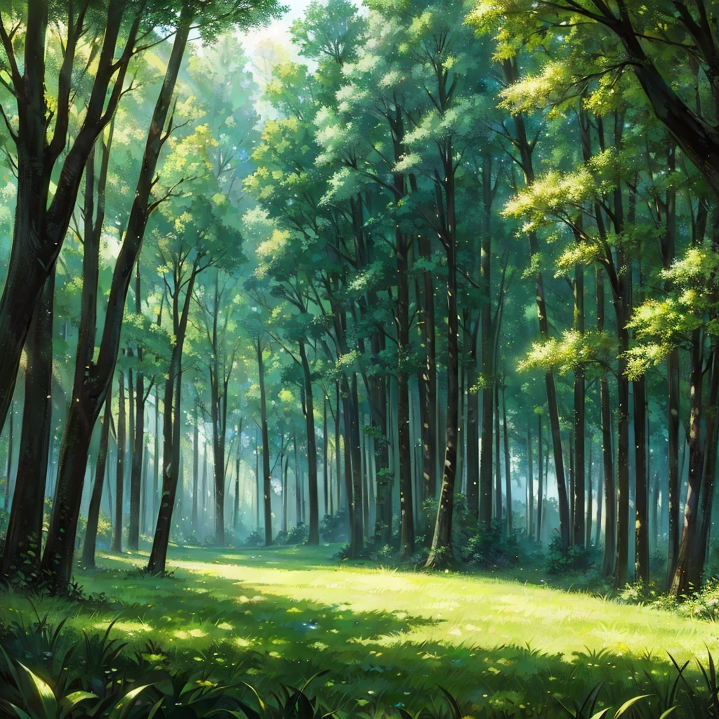 painting of a forest scene with a sunbeam and trees, background art, anime background art, forest drawing elegant, painting of a forest, forest clearing, verdant forest, forest clearing landscape, lush environment, forest environment, forest outside, environment art, environment painting, sunny environment, peaceful environment, anime lush john 8k woods, sunlight study, wooded environment
