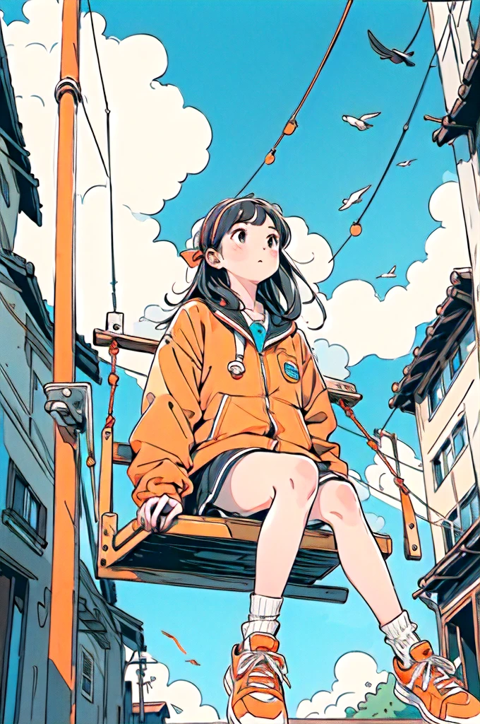 1girl,orange shoes,solo,sitting,sky,clouds,outdoors,black hair,bird,upward view,blue sky,white socks,daytime,orange jacket,building,long sleeves,leaves,long hair,playing on the swing,red headband,pump Rope,headband,bangs,cloudy sky,from_below,wide_shot,