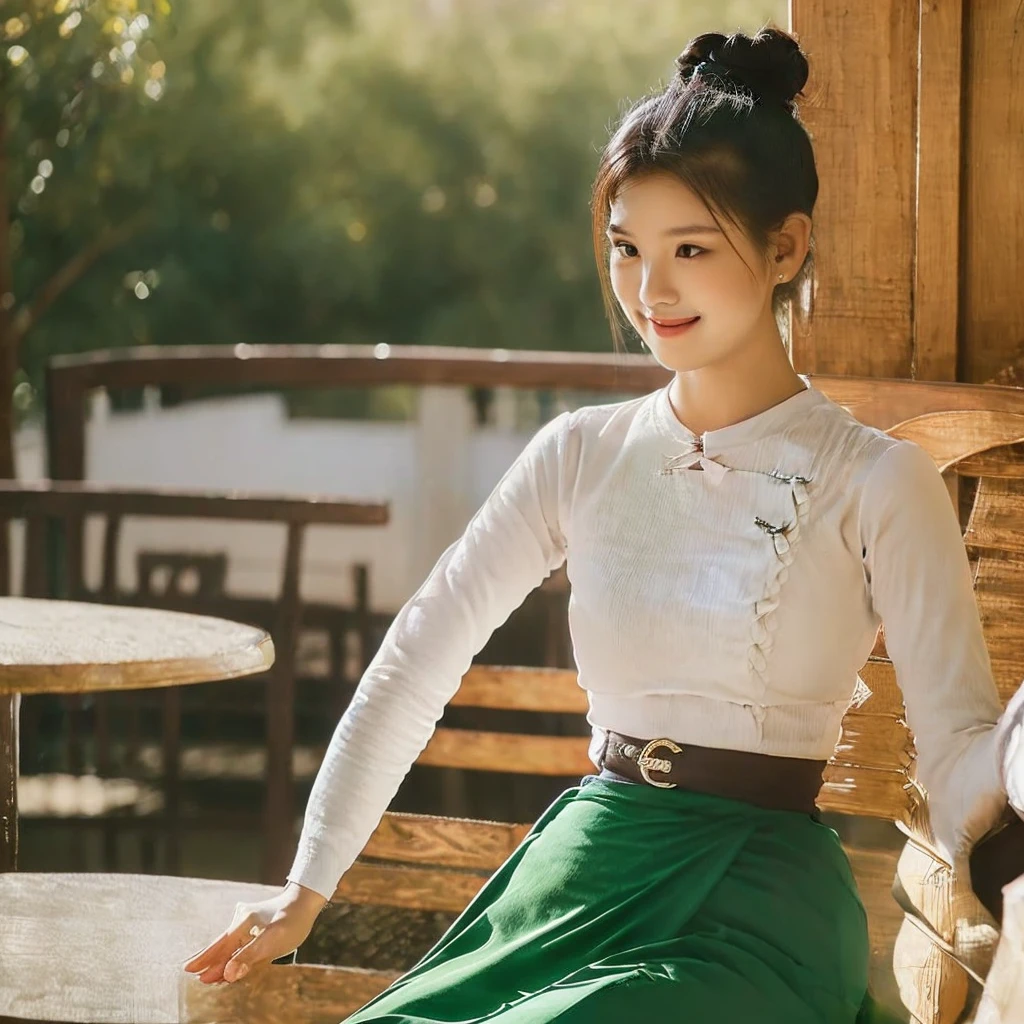 Portrait of a stunning young woman with a stylish hair bun, captivating gaze, and a warm atmosphere of a cozy coffee shop, realistic shading, fine details, exquisite lighting, digital painting, (wearing acmmsayarma outfit, acmmsayarma white top with buttons, long sleeves), ((acmmsayarma green long skirt))