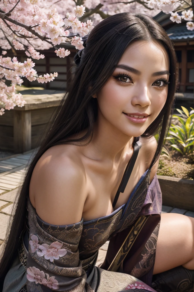 a smiling girl sitting while holding a katana, intricate detailed portrait, photorealistic, 8k, high quality, masterpiece, beautiful detailed eyes, beautiful detailed lips, extremely detailed face, long eyelashes, dark hair, japanese samurai, serene expression, outdoor garden setting, cherry blossom trees, natural lighting, vibrant colors, cinematic lighting, elegant pose