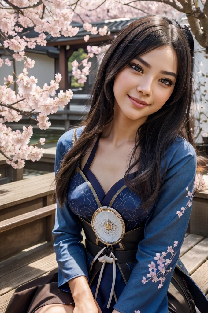 a smiling girl sitting while holding a katana, intricate detailed portrait, photorealistic, 8k, high quality, masterpiece, beautiful detailed eyes, beautiful detailed lips, extremely detailed face, long eyelashes, dark hair, japanese samurai, serene expression, outdoor garden setting, cherry blossom trees, natural lighting, vibrant colors, cinematic lighting, elegant pose