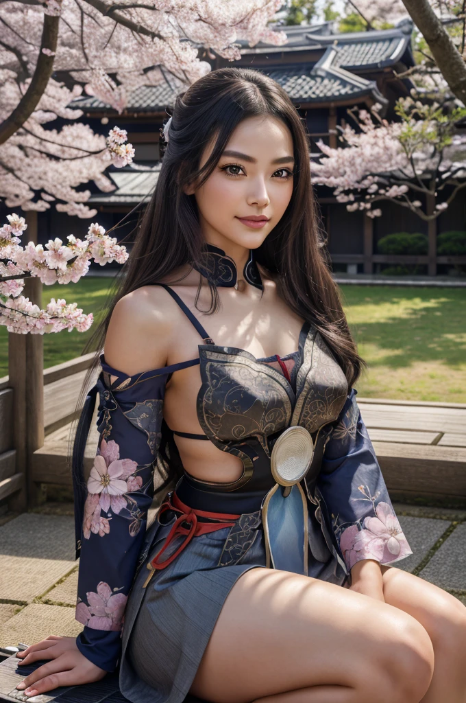 a smiling girl sitting while holding a katana, intricate detailed portrait, photorealistic, 8k, high quality, masterpiece, beautiful detailed eyes, beautiful detailed lips, extremely detailed face, long eyelashes, dark hair, japanese samurai, serene expression, outdoor garden setting, cherry blossom trees, natural lighting, vibrant colors, cinematic lighting, elegant pose