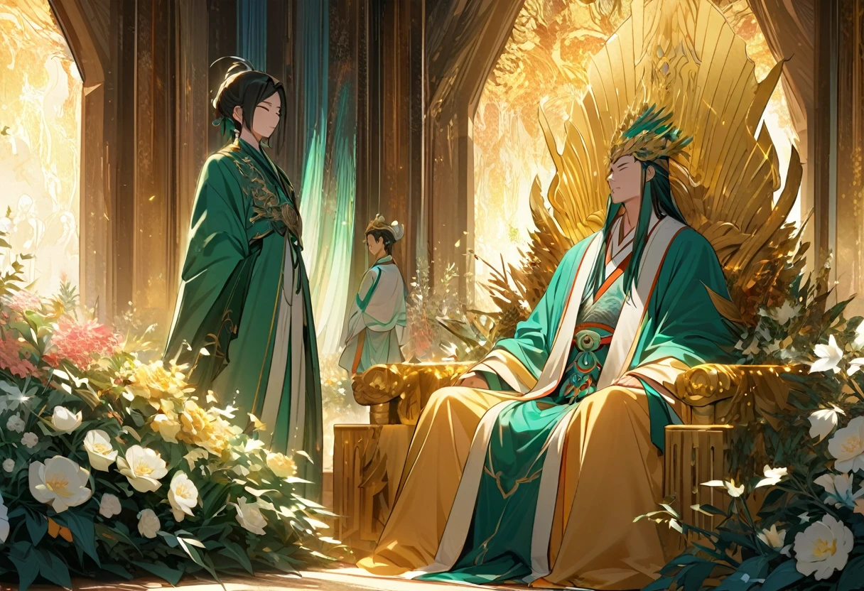 show a meeting between 2 people, a jade Emperor seated on a magnificent golden throne in the heavenly realm looks to a young farmer who is in simple clothing stands respectfully before him . Surround them with vibrant celestial flora under a soft, golden light, symbolizing the sacred nature of the encounter.