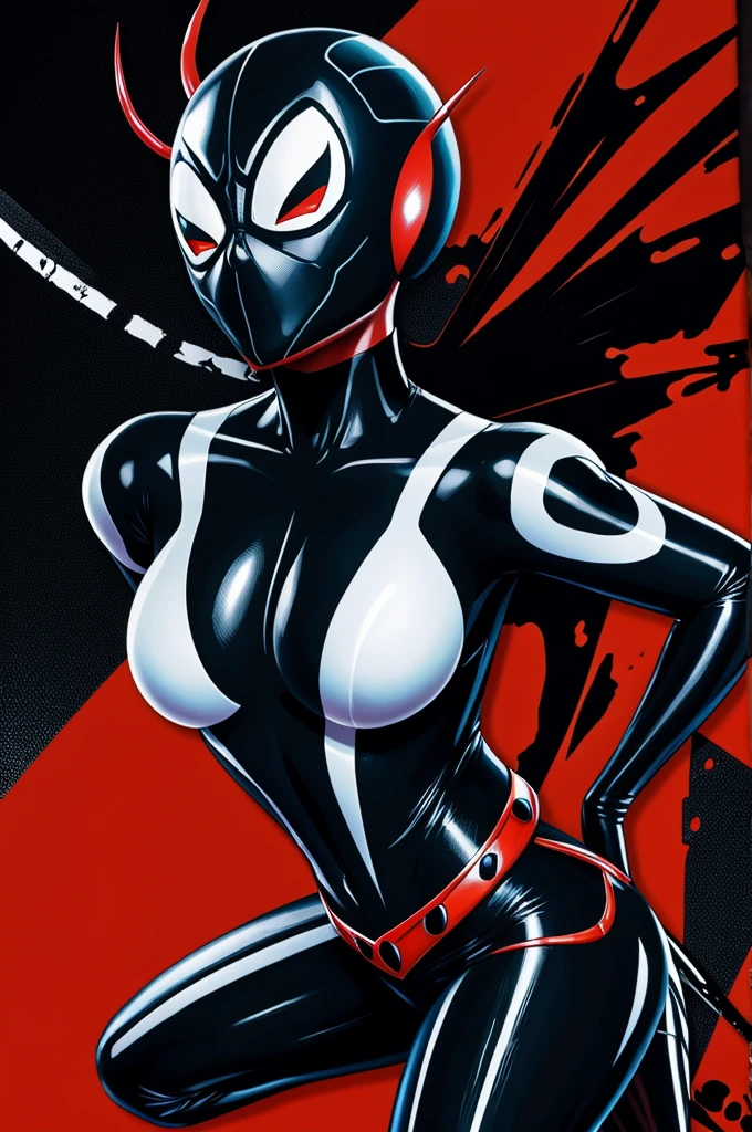 hornet, cute, chibi, no feet, furry female, anthro, needle weapon, thread, standing, solo, red bodysuit, skinny body,, big breasts, (best quality), (detailed dark cave background:1.2), looking at viewer, holding weapon, horny body, flat colors, 