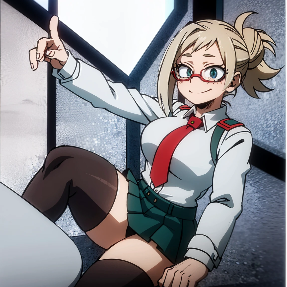 1girl, female focus, boku no hero academia, masterpiece, best quality, very aesthetic, cowboy shot, big breasts, bun hair, brown hair, green eyes, smile, silver round glasses, gray jacket, red tie, white shirt, teal skirt, gray tights, boots