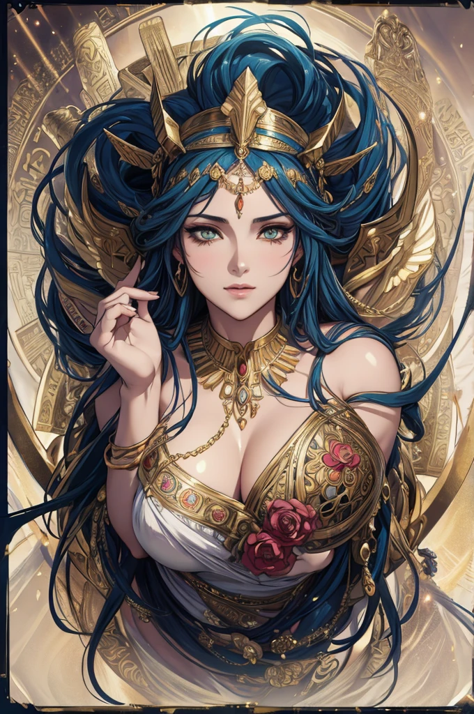 a beautiful goddess isis, egyptian goddess, alphonse mucha style, detailed crown, queenie gesture, ornate headdress, flowing robes, golden skin, piercing eyes, intricate details, ethereal lighting, dreamlike atmosphere, vibrant colors, dramatic pose, masterpiece, 8k, ultra-detailed, photorealistic, cinematic, glowing aura