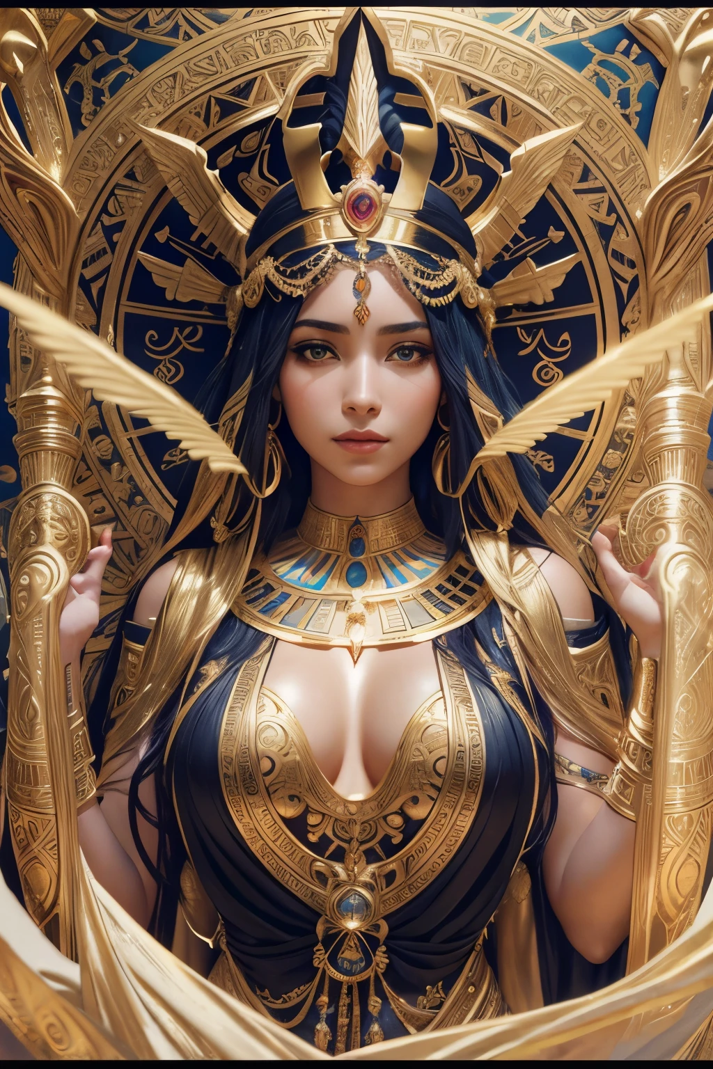 a beautiful goddess isis, egyptian goddess, alphonse mucha style, detailed crown, queenie gesture, ornate headdress, flowing robes, golden skin, piercing eyes, intricate details, ethereal lighting, dreamlike atmosphere, vibrant colors, dramatic pose, masterpiece, 8k, ultra-detailed, photorealistic, cinematic, glowing aura