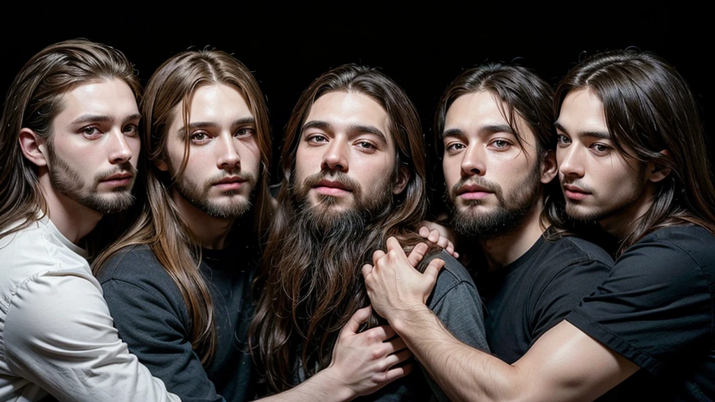 six men with long hair and beards hugging each other