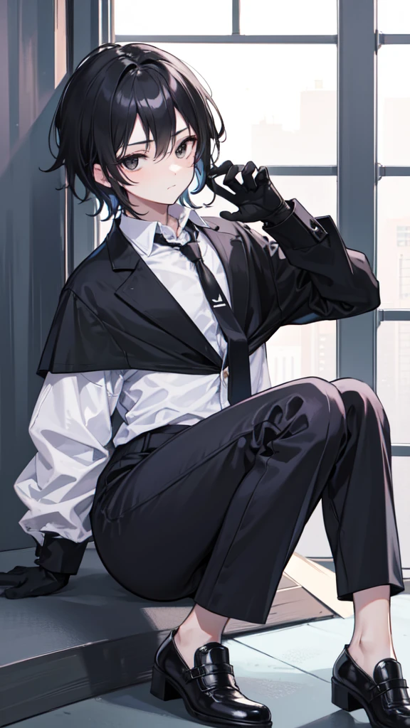18-year-old Shota,cute,Wear a white long-sleeved shirt and a black work tie,Wear black pants,Wear black booties,Wear white gloves,wear cat ear,Black hair,Black eyes,Very thin legs,The waist is very thin,blush,sweat,Fear,Unwilling,comfortable,nsfw