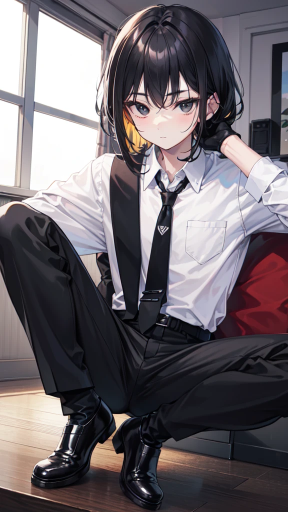 18-year-old boy,cute,Wear a white long-sleeved shirt and a black work tie,Wear black pants,Wear black booties,Wear black gloves,Black hair,Black eyes,porn pose