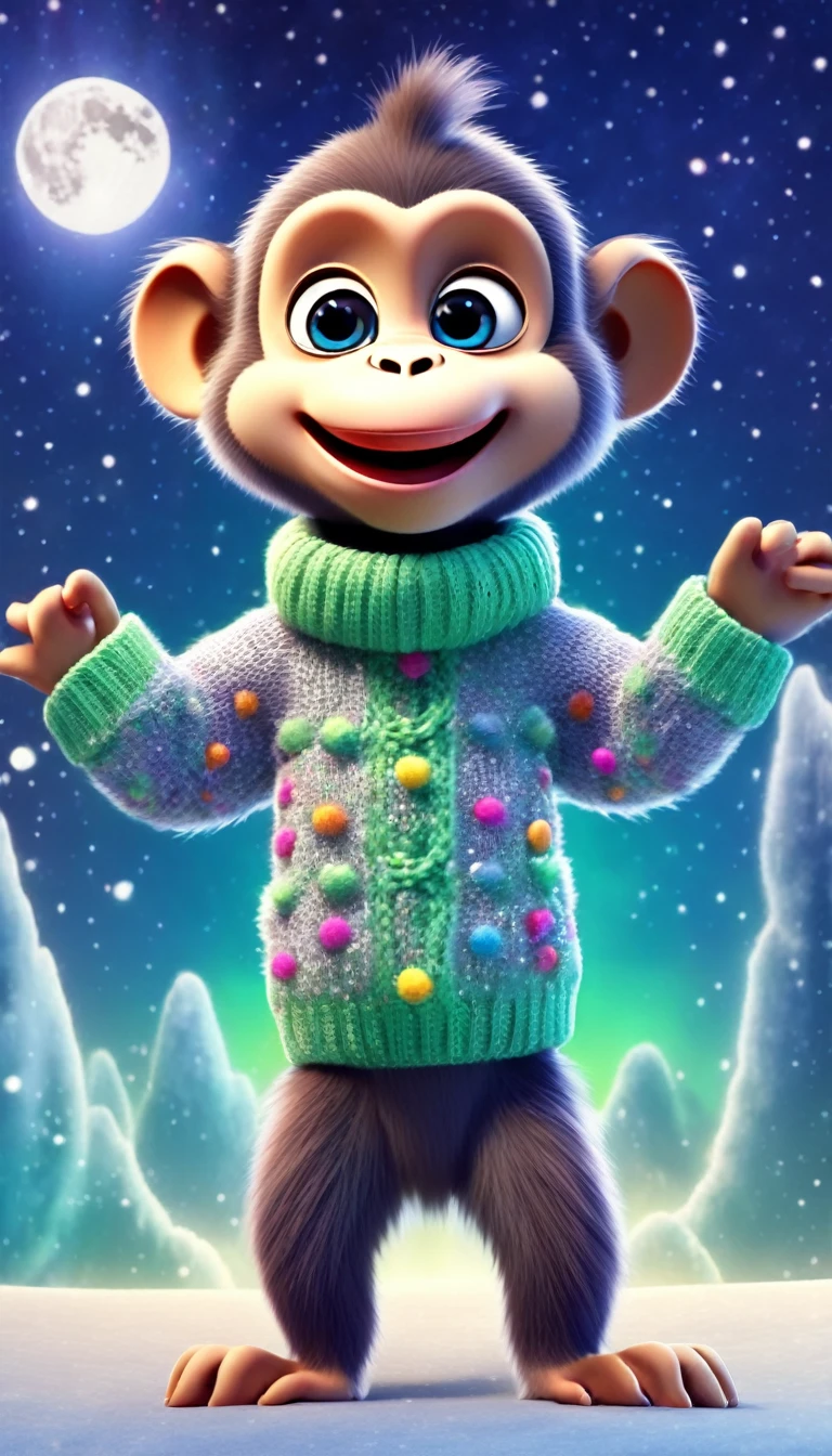cute monkey, over the moon, cartoon, arms, sweater, cute eyes, looking at viewer, hands up, effects background, aurora boreal, particles
