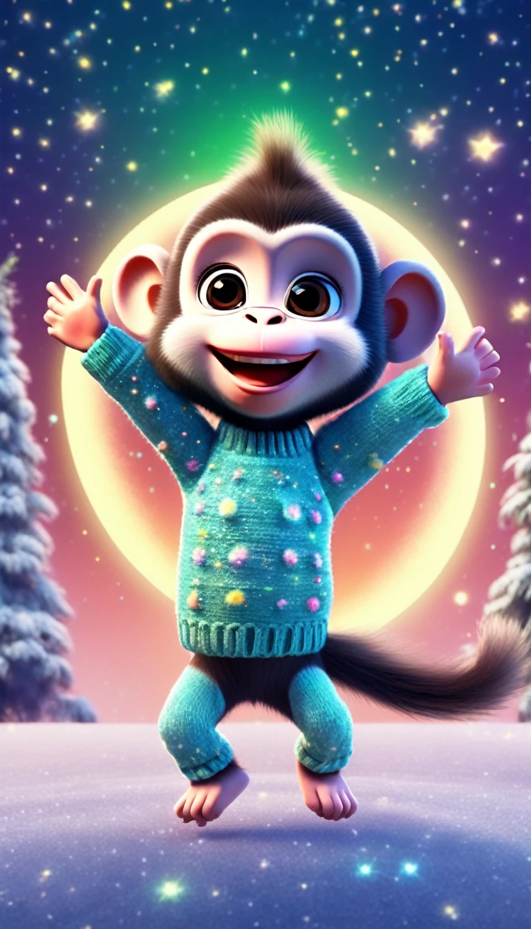 cute monkey, over the moon, cartoon, arms, sweater, cute eyes, looking at viewer, hands up, effects background, aurora boreal, particles