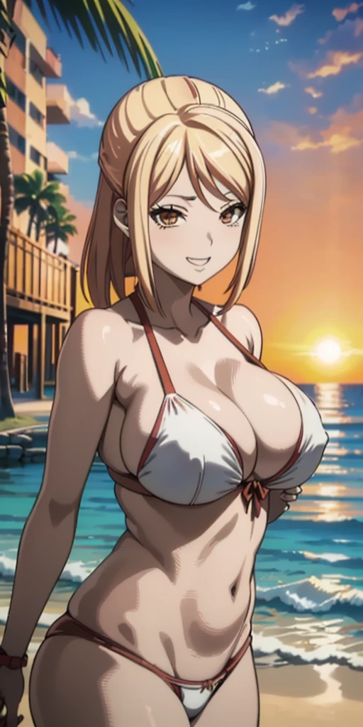 (Best quality:1.3),(Akiyama Kaede from the anime Kengan Asura) big breasts, naked ,big nipples, smiling, beach background, (sexual, Erotic), orange sky, blonde, bang,porn