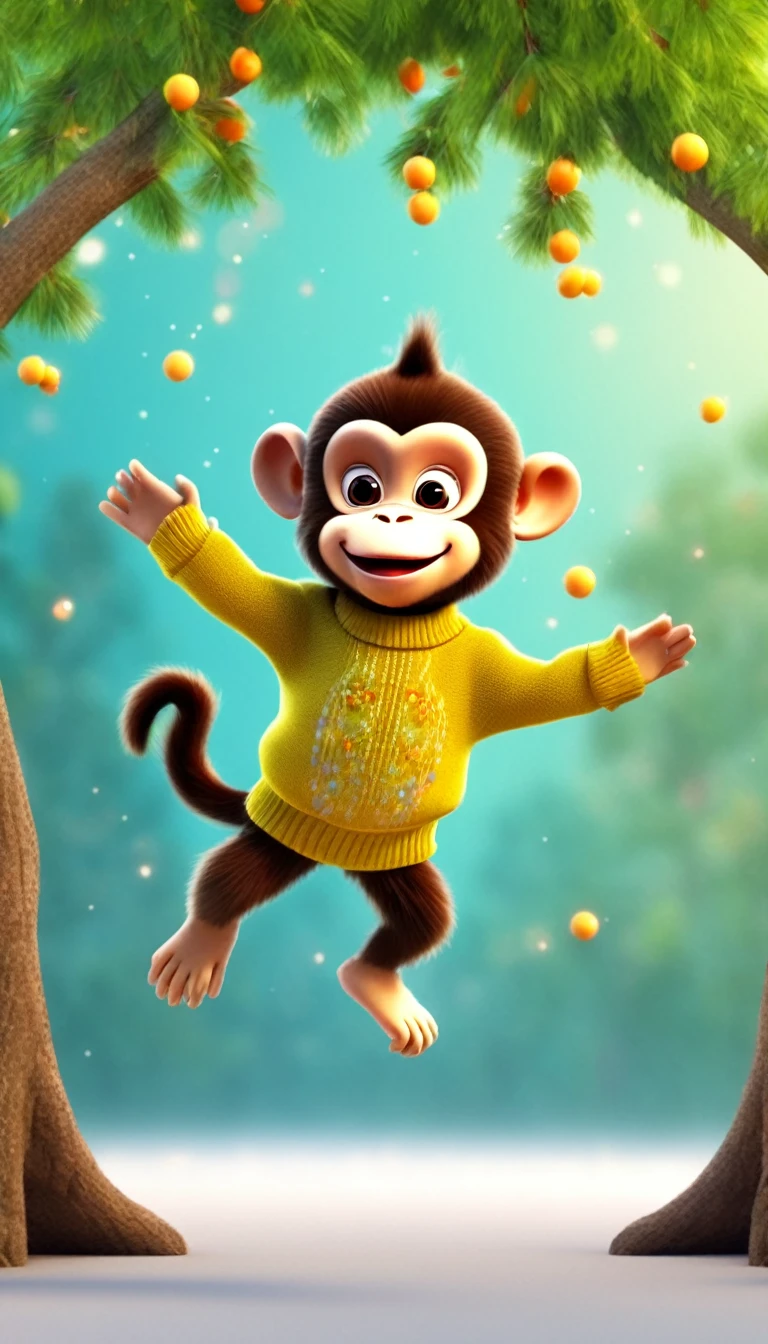 cute monkey, over a tree, cartoon, arms, sweater, cute eyes, looking at viewer, hands up, effects background, florest, particles