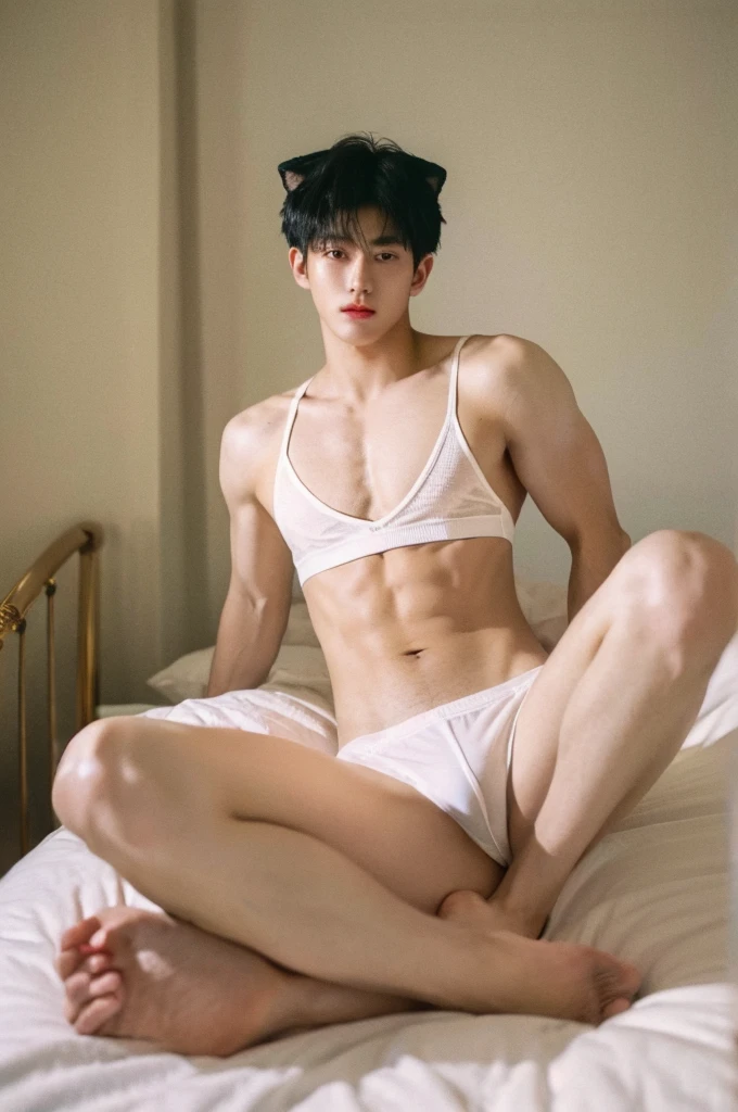 (best quality:1.4), (ultra highres:1.2), (photorealistic:1.4), (8k, RAW photo:1.2), Realistic handsome Japanese guy, muscle, fit, 18 years old, Spread your legs, shirtless, topless, wear cat ears, wear jockstrap underwear, white underwear, bedroom,