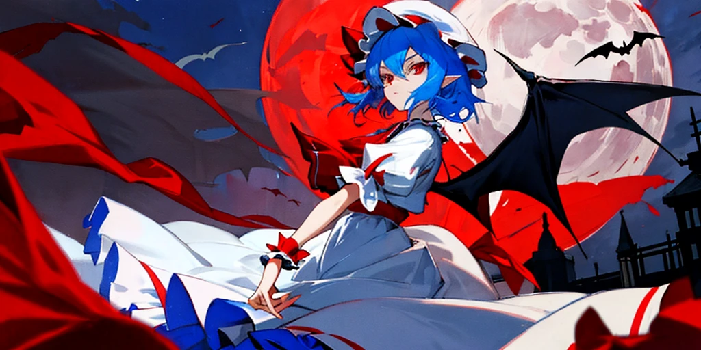 masterpiece,best quality,extremely clear,1girl,solo,remilia scarlet,red eyes,short hair,bat wings,hat,blue hair,hat ribbon,short sleeves,wrist cuffs,puffy short sleeves,red ribbon,frilled shirt,white skirt,frilled,white shirt,frilled sleeves,pointy ears,white headwear,red western style luxury mansion,night,red moonlight,