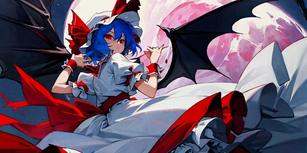 masterpiece,best quality,extremely clear,1girl,solo,remilia scarlet,red eyes,short hair,bat wings,hat,blue hair,hat ribbon,short sleeves,wrist cuffs,puffy short sleeves,red ribbon,frilled shirt,white skirt,frilled,white shirt,frilled sleeves,pointy ears,white headwear,red western style luxury mansion,night,red moonlight,