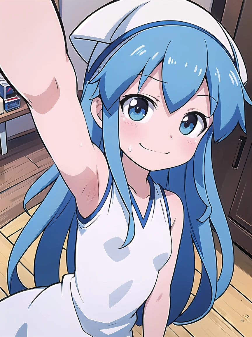 (best quality, masterpiece:1.2), ultra detailed, extremely detailed eyes and face, natural skin texture, detailed skin, natural lighting,
 chibi, 1 girl, 14-years-old, (cute),
 twin tails, light blue hair, shiny hair,
 blue eyes, 
 (small breasts),
 BREAK cheerleader, white and blue crop top, white and blue sleeveless shirt, midriff,
 BREAK (orgasm face, aroused, blush:1.2), (steam), upper body,