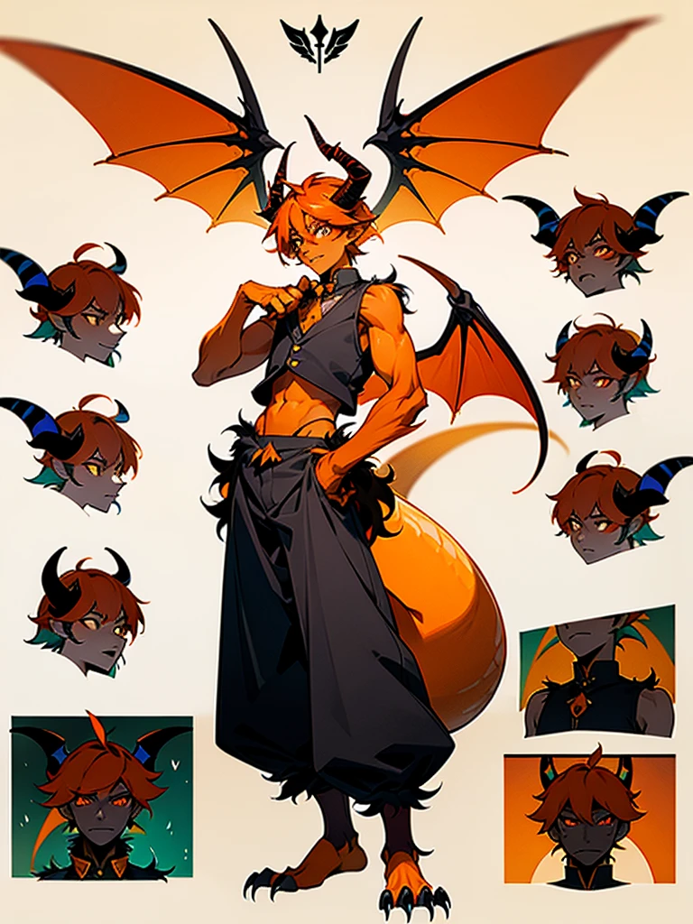 Reference sheet of a young man with orange hair, pointed furry ears, furry colorful limbs, two black horns, insectoid plates on chest and tummy, claws on hands, two dragon wings and tail in open vest and baggy pants with ornaments