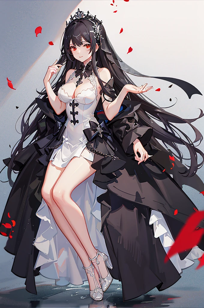 1 girl , long black hair, Red eyes, white wedding dress , big breasts, clear skin, happy face