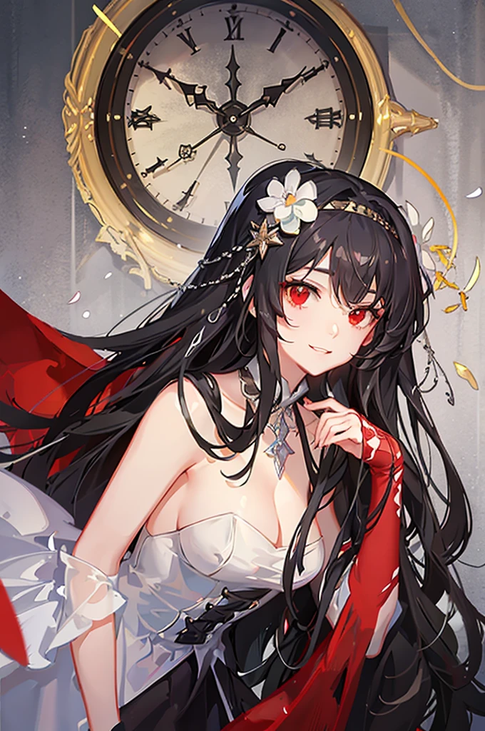 1 girl , long black hair, Red eyes, white wedding dress , big breasts, clear skin, happy face