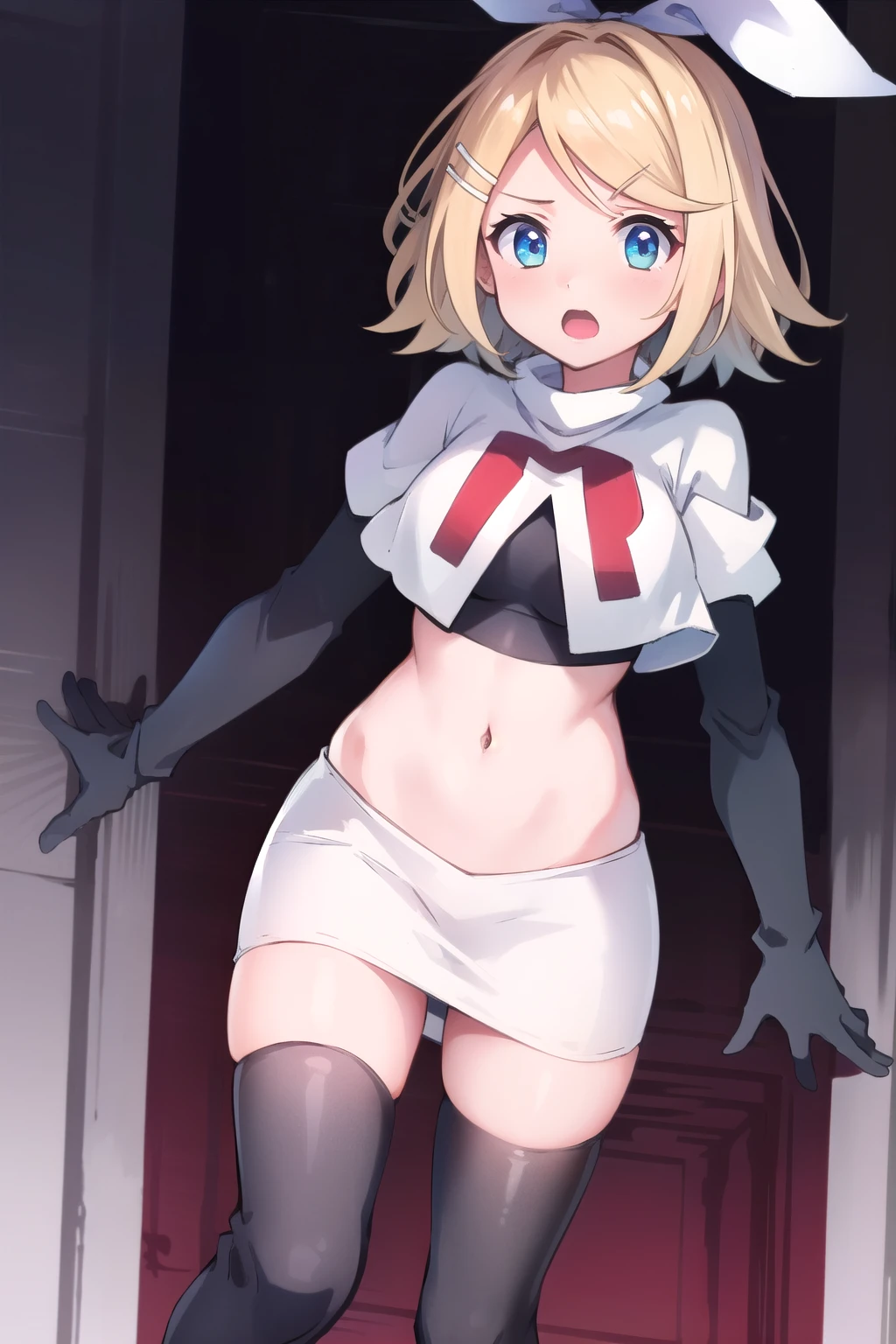 anime,(masterpiece, top quality, best quality, official art, beautiful and aesthetic:1.2), (1girl),extreme detailed,highest detailed, team rocket,team rocket uniform,white skirt,red letter R,crop top,black thigh-highs,black elbow gloves,