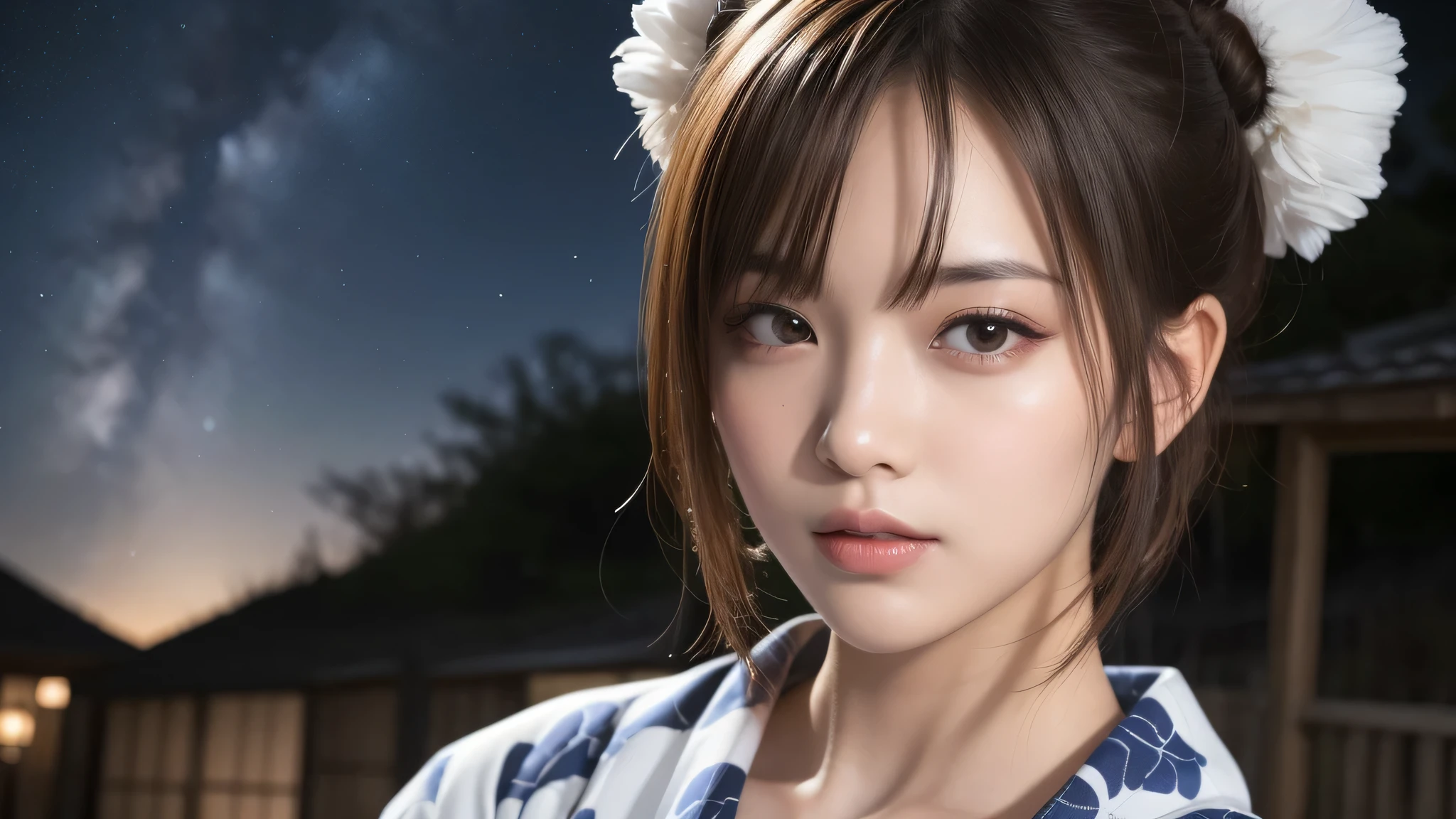 (1women), bun hair, (round eyes:1.2), (highly detailed face), (extremely detailed beautiful face), (floral pattern yukata), (Best Quality:1.4), (Ultra-detailed), extremely detailed CG unified 8k wallpaper, Realistic portrait, Beautiful detailed, High-definition raw color photos, professional photography, night sky, tanzaku, (Japan's Tanabata, Tanabata night), tanzaku, beautiful milky way, (fine face:1.2), focus on women