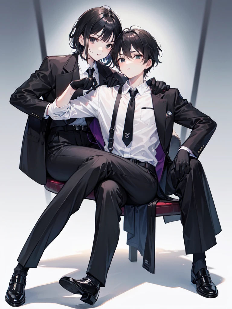 18-year-old boy,cute,Wear a white long-sleeved shirt and a black work tie,Wear black pants,Wear black booties,Wear black gloves,Black hair,Black eyes,porn pose