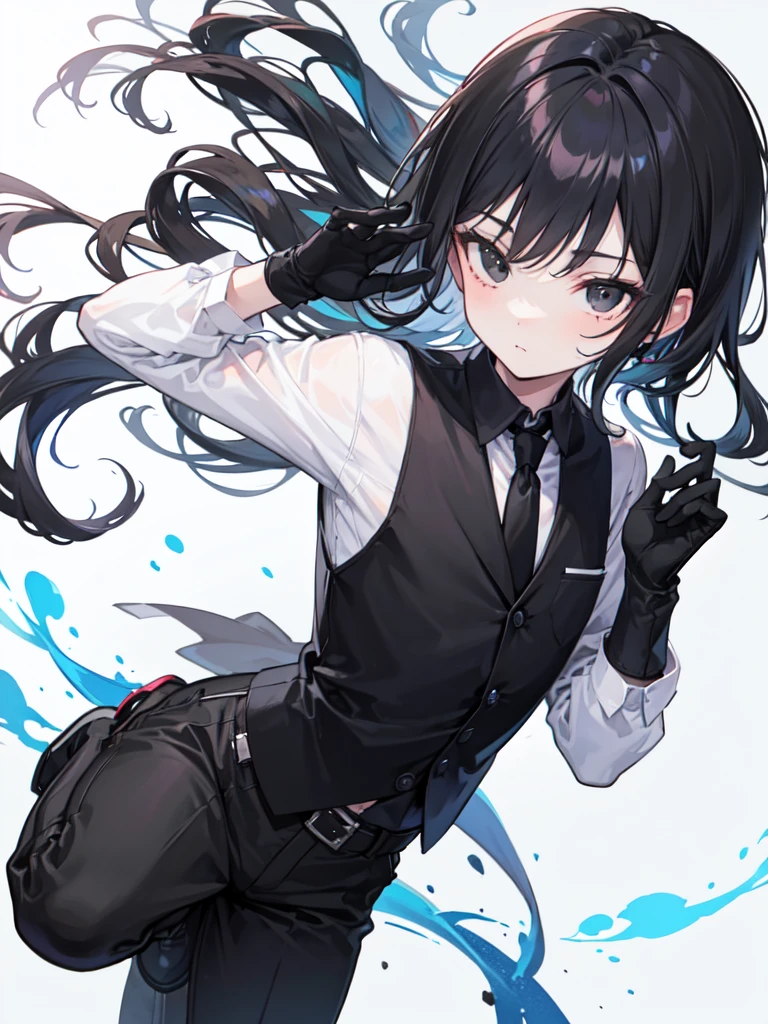 18-year-old boy，cute，Wear a white long-sleeved shirt and a black work tie，Wear black pants，Wear black booties，Wear black gloves，Black hair，Black eyes，porn pose