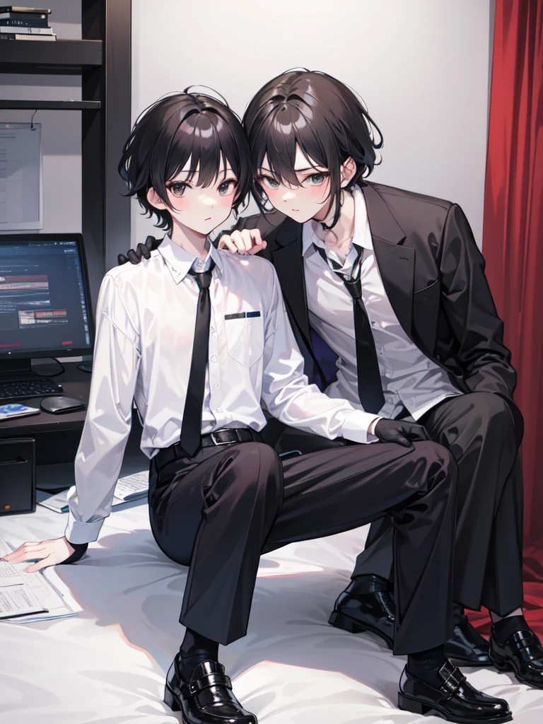18-year-old boy，cute，Wear a white long-sleeved shirt and a black work tie，Wear black pants，Wear black booties，Wear black gloves，Black hair，Black eyes，porn pose