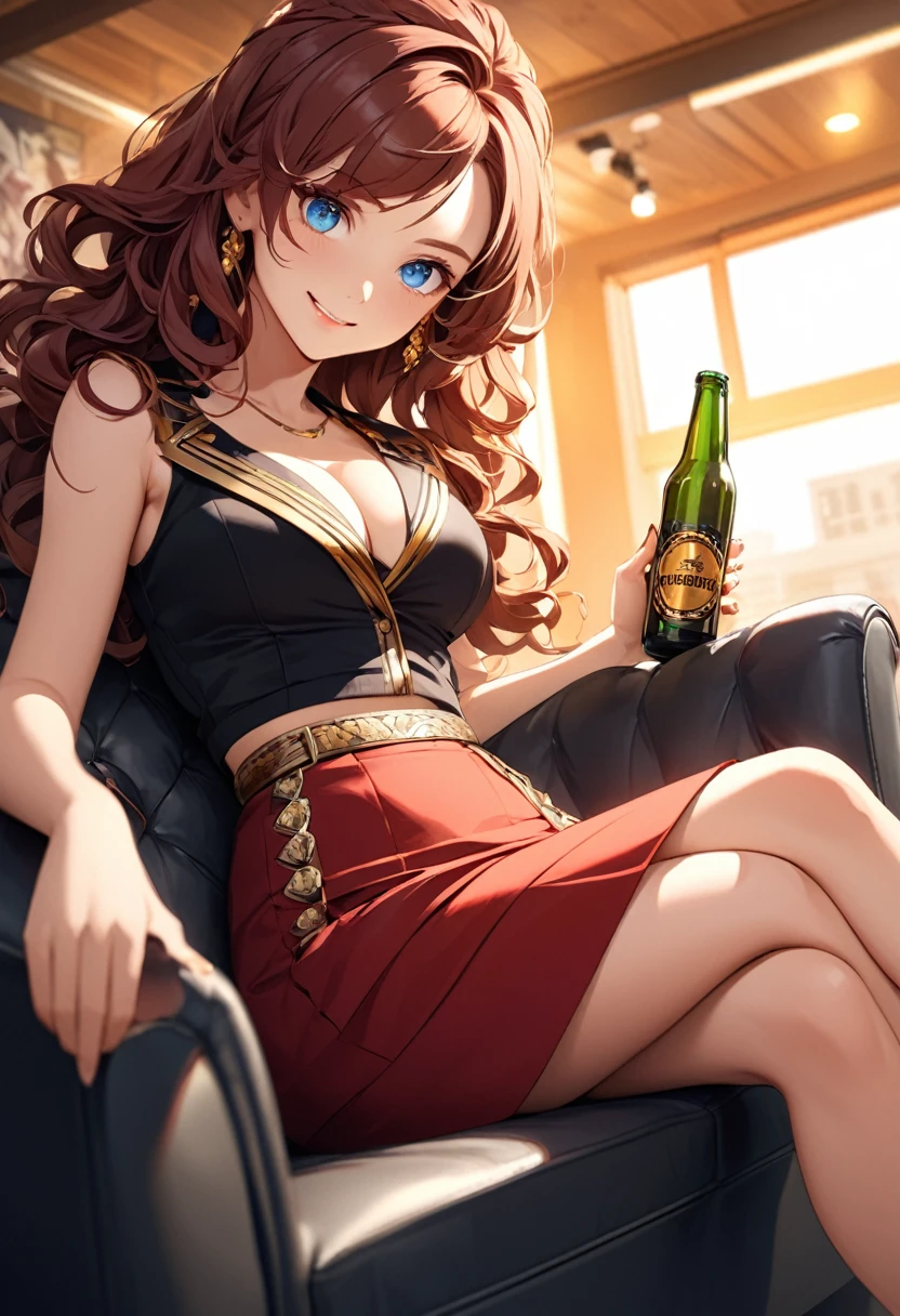 detailed illustration (side view),dynamic angle,ultra-detailed, detailed eyes, detailed face, 1girl, beer bottle, long brown hair, wavy hair, smirk, victorious look, proud look, winning look, blue eyes, detailed eyes, bright eyes, black blouse, cleavage, buttoned blouse, dark red skirt, mini skirt, crossed legs, sitting, couch,
