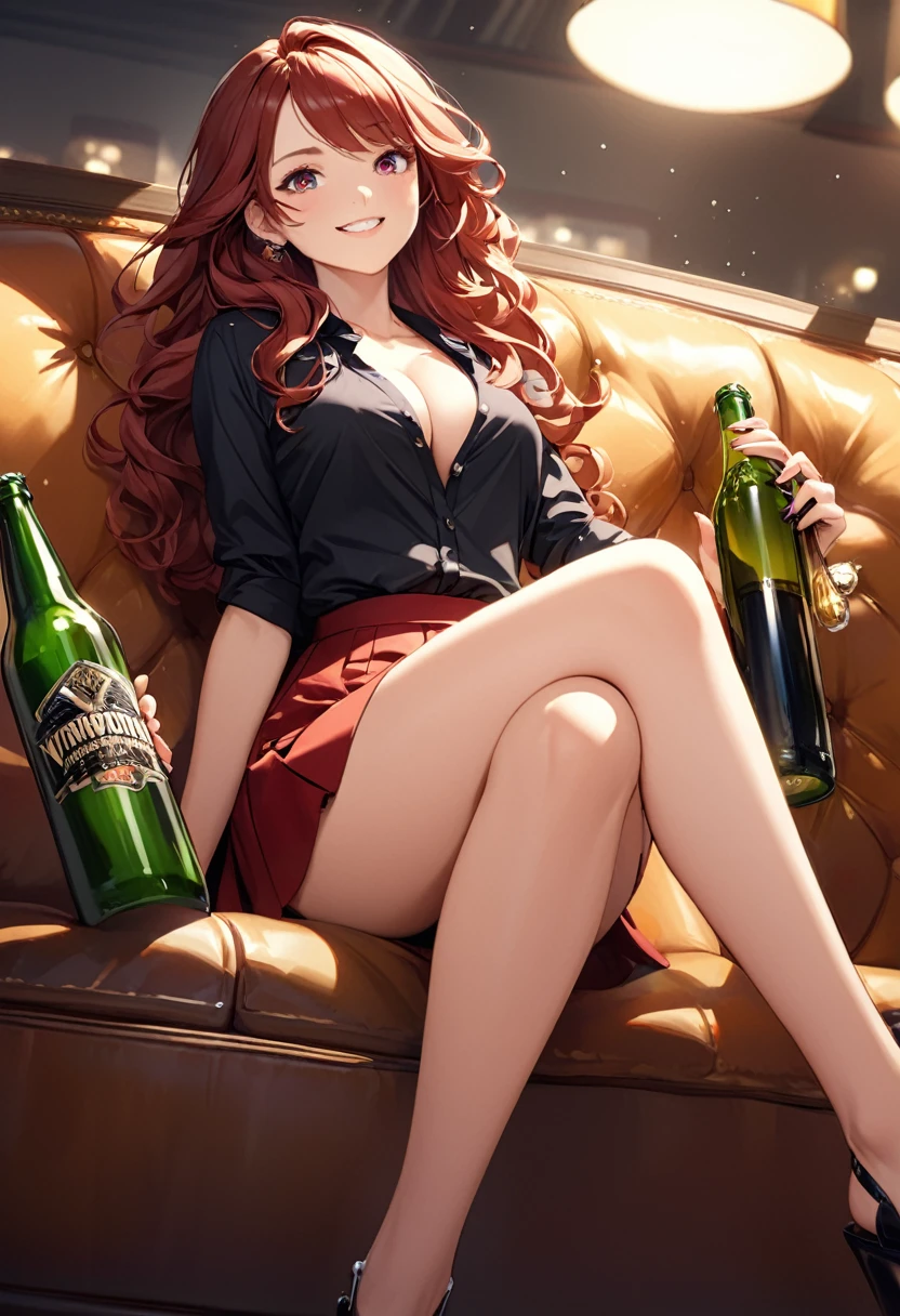 detailed illustration (side view),dynamic angle,ultra-detailed, detailed eyes, detailed face, 1girl, beer bottle, long brown hair, wavy hair, smirk, victorious look, proud look, winning look, blue eyes, detailed eyes, bright eyes, black blouse, cleavage, buttoned blouse, dark red skirt, mini skirt, crossed legs, sitting, couch,