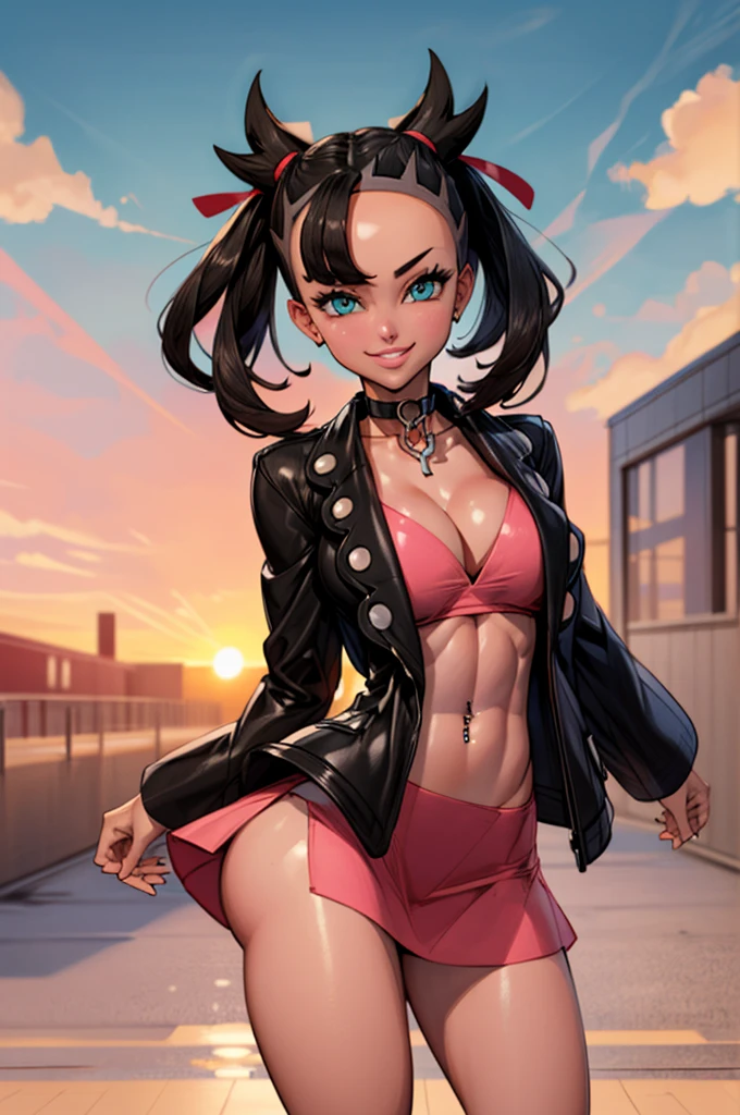 ((masterpiece,best quality)), absurdres, Marnie, aqua eyes, black choker, red ribbon, pink dress, jewelry, (hair bangs), black jacket, open clothes, long sleeves, solo, smiling, looking at viewer, (slendered abs,, v cut abs), cowboy shot, cinematic composition, contrapposto, (navel exposed), belly button, navel piercing, (THICK THIGHS) (gigantic breasts), sunset lighting, pokemon city, puffy lips
