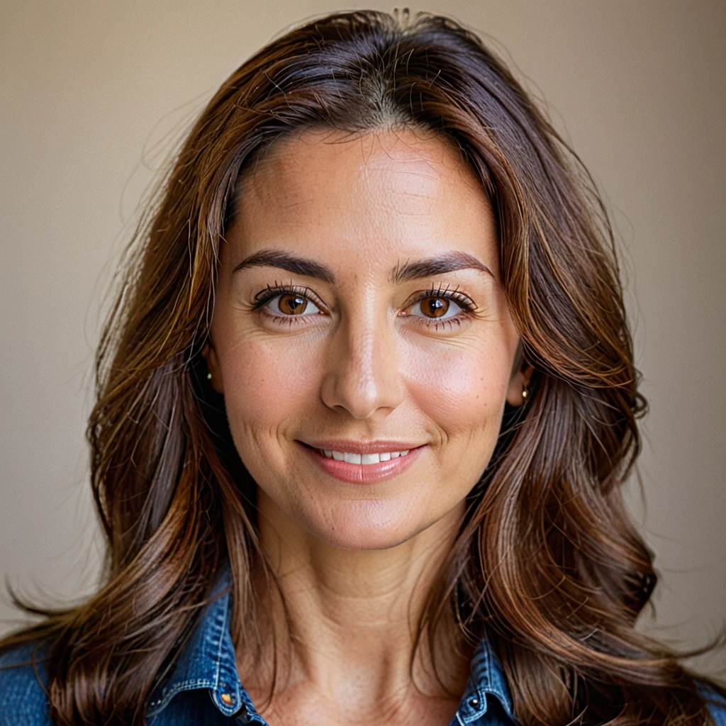COLOR PORTRAIT OF 35 YEAR OLD WOMAN WITH LONG BROWN HAIR, BROWN EYES, LOOKING STABLY AT THE CAMERA WITH A LIGHT SMILE