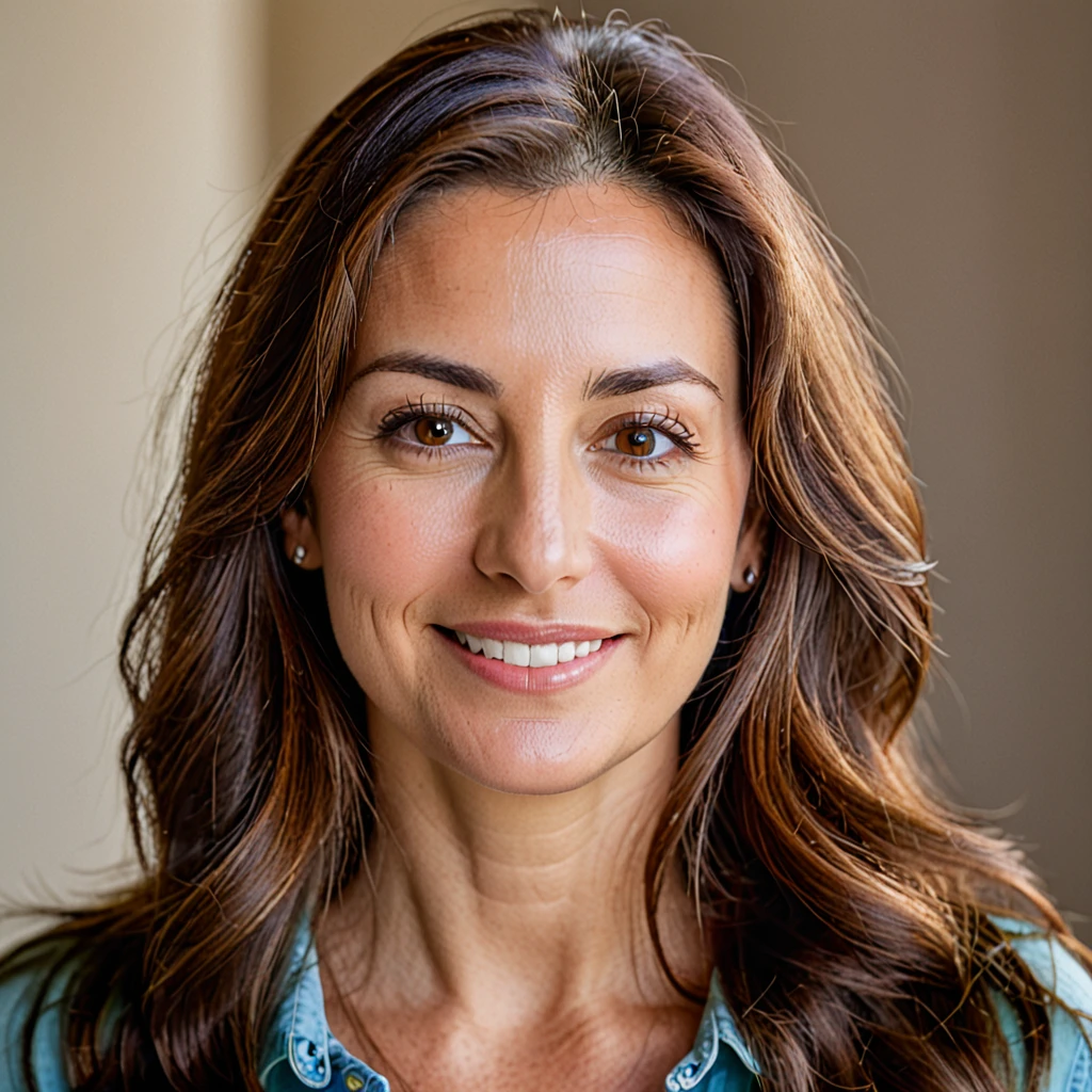 COLOR PORTRAIT OF 35 YEAR OLD WOMAN WITH LONG BROWN HAIR, BROWN EYES, LOOKING STABLY AT THE CAMERA WITH A LIGHT SMILE