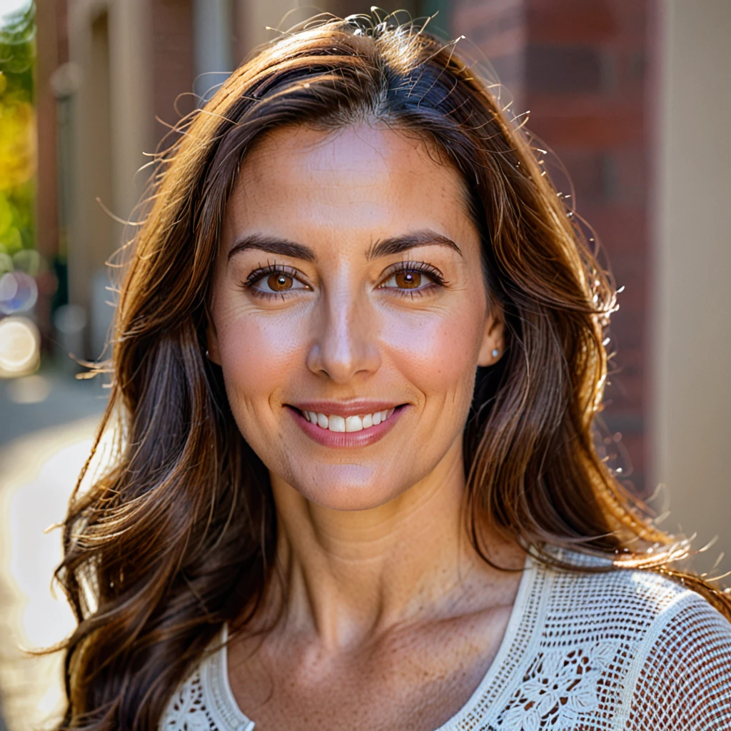 COLOR PORTRAIT OF 35 YEAR OLD WOMAN WITH LONG BROWN HAIR, BROWN EYES, LOOKING STABLY AT THE CAMERA WITH A LIGHT SMILE