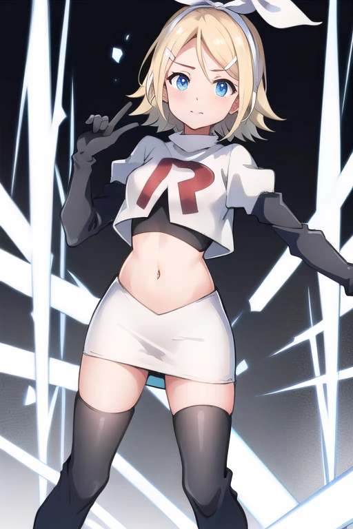 masterpiece, best quality, absurdres, perfect anatomy, 1girl, solo, Kagamine Rin, short hair, bow, team rocket,team rocket uniform,white skirt,red letter R,crop top,black thigh-highs,black elbow gloves