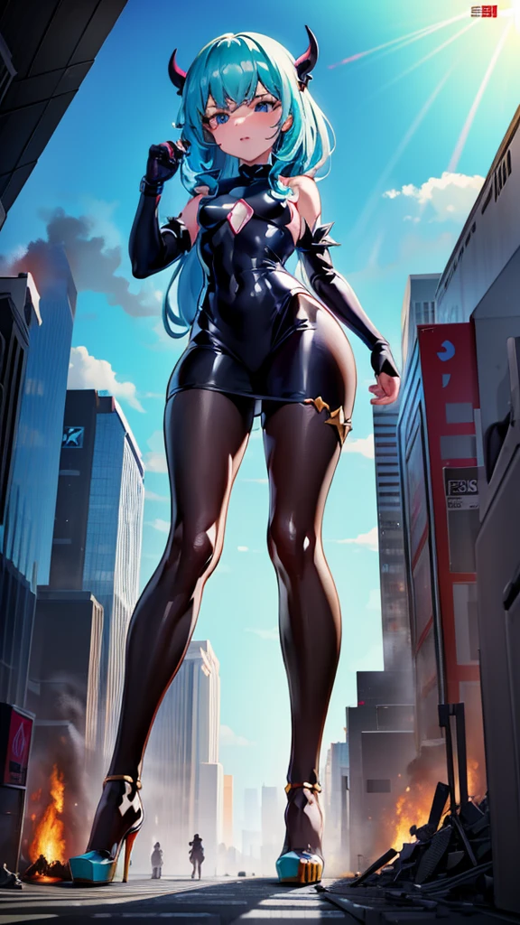 A colossal giantess succubus walks into a tiny city, breaking the floor and everything with her heels, she looks down and mocks you as you see him from below her tiny tits, full bodysuit  and long legs covered all in transparent pantyhose, look down, evil, better quality, close, photo under her, destruction, caos, tiny people, tiny humans, blood